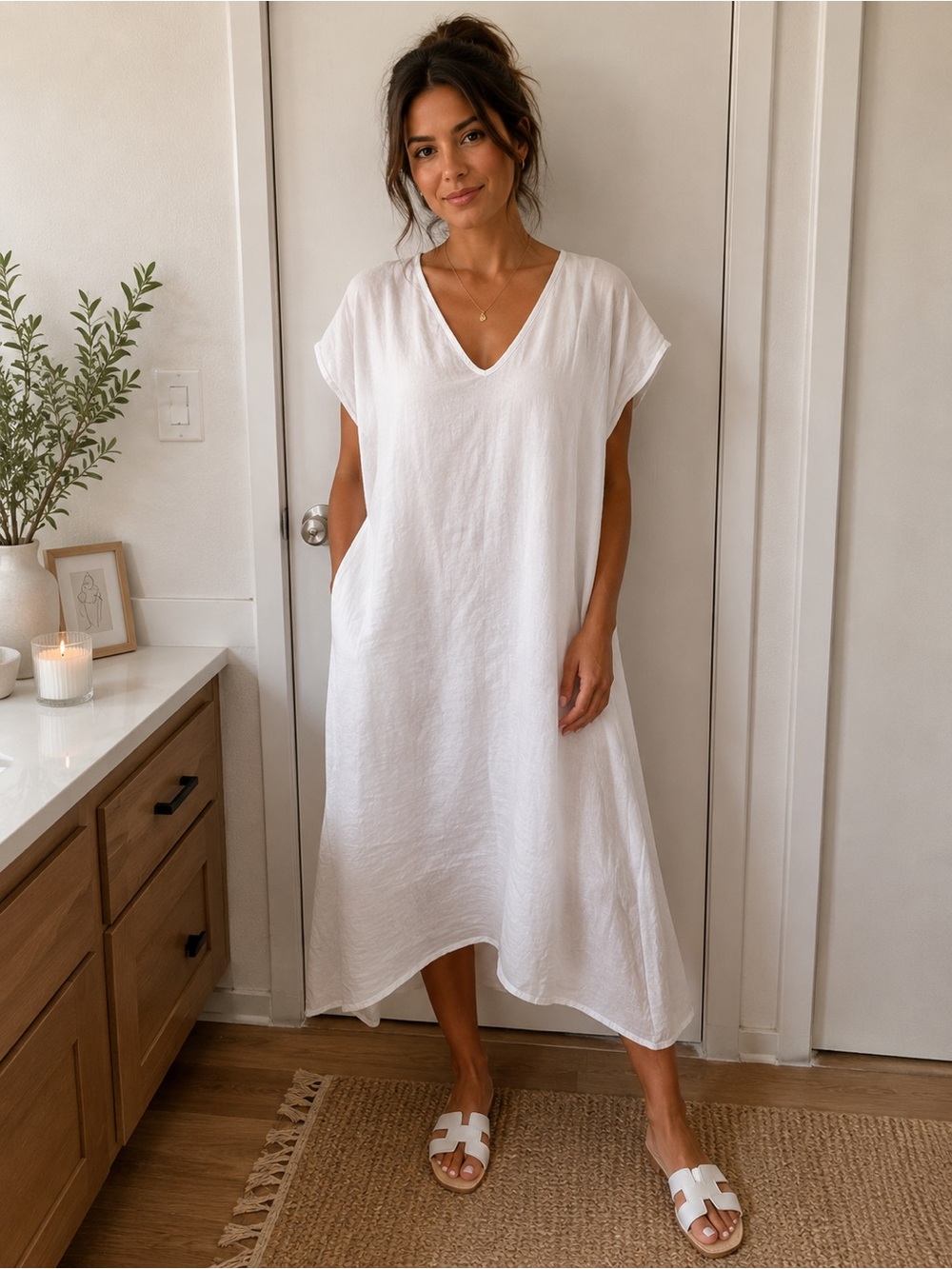 Spirit White V-Neck Midi Dress